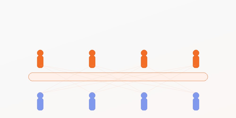 Abstract illustration of figures across a long table connected by lines